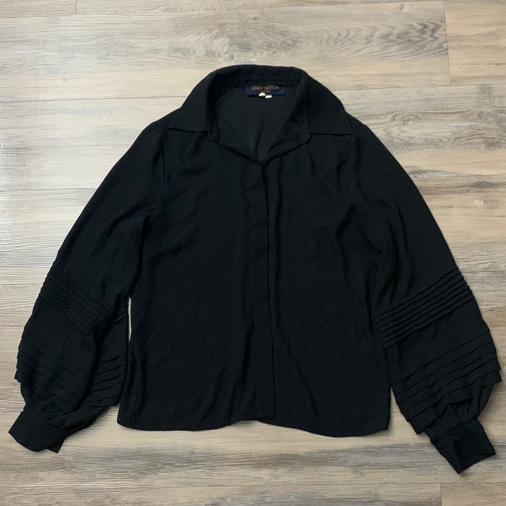 Louis Vuitton Uniform Black Pleated Balloon Sleeve Button Down Top Size 38
